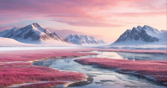 An image of the Arctic tundra at dawn, featuring vast expanses of snow, a tranquil icy river, and a backdrop of snow-capped mountains under a pink-hued sky. AI Generative