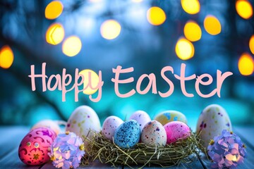 Easter wallpaper greeting saying 'Happy Easter' in black text - painted dyed colorful eggs on table with colorful background