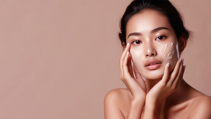 Asian woman with a healthy glowing skin is applying a skincare product.