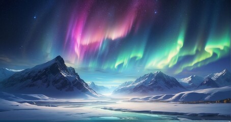 Naklejka premium An image of the aurora borealis dancing over a snowy tundra landscape, with a backdrop of star-filled skies and icy expanses. AI Generative