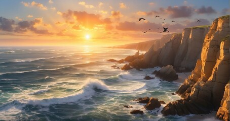 An image of the sun rising over rugged seaside cliffs, casting a warm glow on the crashing waves below, with seabirds soaring against the backdrop of the ocean - Generative AI - obrazy, fototapety, plakaty
