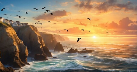 An image of the sun rising over rugged seaside cliffs, casting a warm glow on the crashing waves below, with seabirds soaring against the backdrop of the ocean - Generative AI - obrazy, fototapety, plakaty