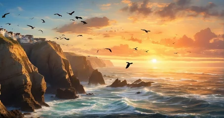 Fotobehang An image of the sun rising over rugged seaside cliffs, casting a warm glow on the crashing waves below, with seabirds soaring against the backdrop of the ocean - Generative AI © Everything is here