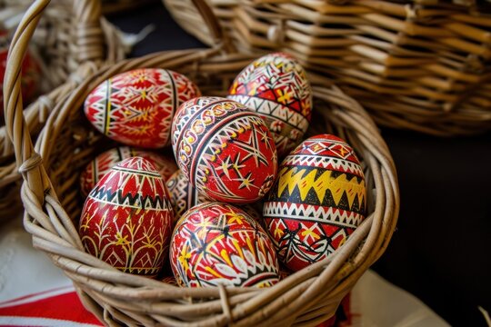 Romanian easter eggs in a wicker basket - Christian Orthodox painted eggs - top down photo