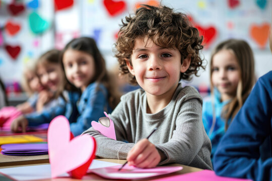 School kids happy making Valentine's cards in classroom look at camera