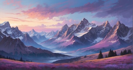 An image of twilight descending upon rugged alpine peaks, with a palette of purples and blues painting the sky, while distant hills fade into the evening - Generative AI