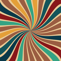 retro starburst sunburst background pattern and grunge textured vintage color palette of orange yellow and blue green in spiral or swirled radial striped vector