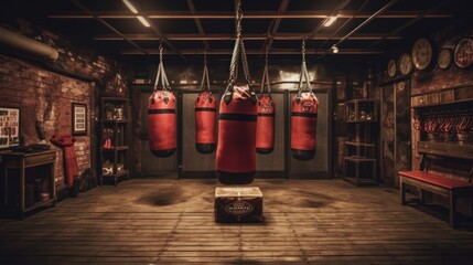 Interior of a fitness hall with boxing ring Dark vintage retro old gym boxing bag fitness sport martial arts room interior.