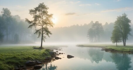 The serene and mystical atmosphere of a foggy morning in a forest or by a lake - Generative AI