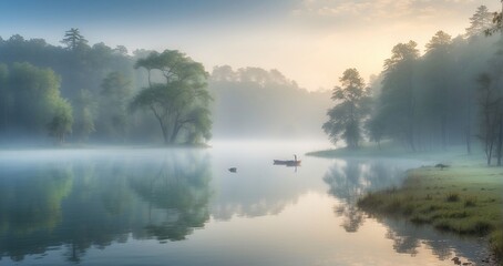 Fototapeta na wymiar The serene and mystical atmosphere of a foggy morning in a forest or by a lake - Generative AI