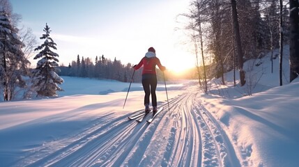 Cross Country Skier, outdoors in the snow during winter. Concept of winter sports and activities. Young woman skiing. - obrazy, fototapety, plakaty