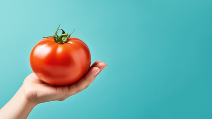 Hand holding tomato fruit isolated on pastel background - obrazy, fototapety, plakaty