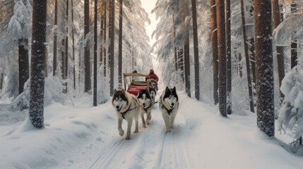 Dog sled ride in winter arctic forest.Husky dogs are pulling sledge with family at winter forest - obrazy, fototapety, plakaty