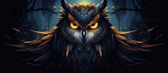 Illustration owl bird on dark moon on branch tree forest dark background. Generate AI image - obrazy, fototapety, plakaty