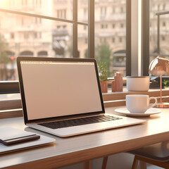 Modern blurry daytime desktop with blank laptop screen, lamp and coffee cup. Designer workspace concept. 3D Rendering.