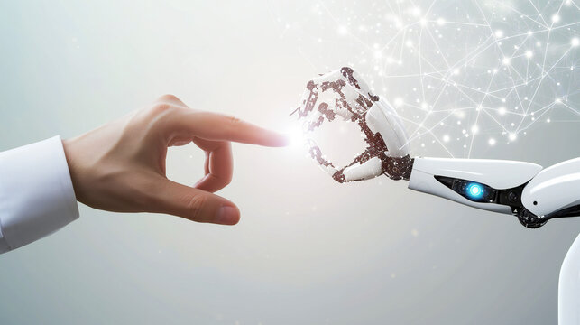 The robot hand touches the finger of the human hand, the concept of human-artificial intelligence interaction