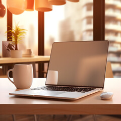 Fototapeta premium Modern blurry daytime desktop with blank laptop screen, lamp and coffee cup. Designer workspace concept. 3D Rendering.