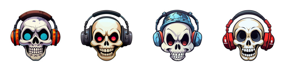Cartoon skull in headphones. Vector illustration