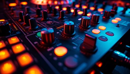 A close-up of a DJ-equipment with buttons for special effects in a neon led lighting, cyan and magenta, in a sound recording studio or at club concert performance