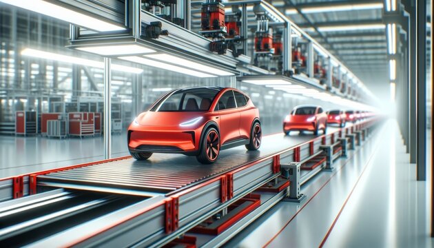 Futuristic Electric Vehicle Production Line in Factory Setting