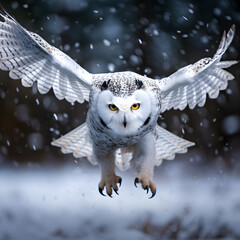 snowy owl in low flight in winter with snowfall 