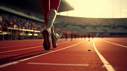 Close up view of determined runner with cutting edge leg implant on athletic stadium track