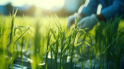 Scientist examining a plants in greenhouse farm. scientists holding equipment for research plant in organic farm