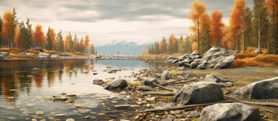 Idyllic view of calm lake and rocky shore with autumn trees in background against cloudy sky at Altai, Autumn colors and a river bed - obrazy, fototapety, plakaty