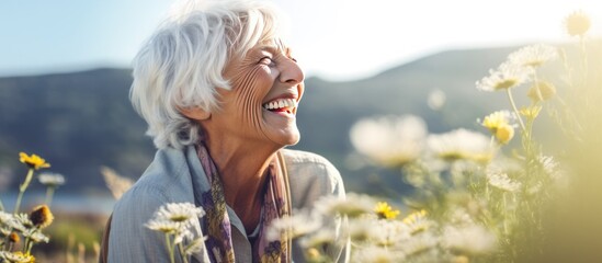 Happiness, senior woman with open arms enjoying life outdoors or success, happy and retired lady celebration of financial freedom smiling senior woman - obrazy, fototapety, plakaty