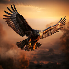 The Madagascar Serpent Eagle in flight against the backdrop of a dramatic sunrise over the savannah