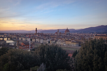 Fototapeta na wymiar Beautiful cityscape skyline of Firenze (Florence), Italy, with the bridges over the river Arno. High quality photo