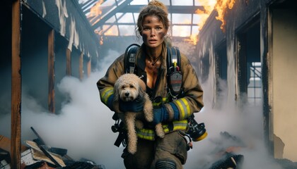 Obraz na płótnie Canvas Firefighter Carrying Dog Through Burnt Structure