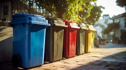 a row of colorful trash cans