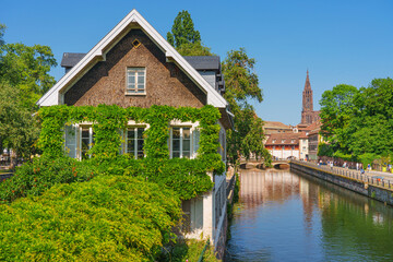 Bridge Ponts Couverts de Strasbourg, Strasbourg, Alsace, France. Canals district La Petite France in Strasbourg in summer. UNESCO World heritage site.