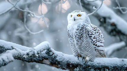 snowy owl perched on a branch, stunning shot of a snowy owl perched on a tree branch, showcasing its beauty and camouflage abilities