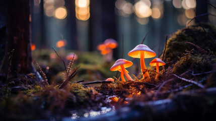 Fantasy glowing mushrooms in mystery dark forest - obrazy, fototapety, plakaty
