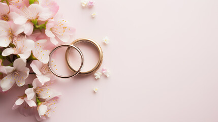 a pair of gold rings next to flowers - obrazy, fototapety, plakaty