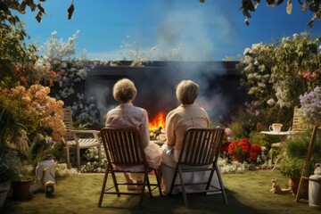 Serene Backyard Gathering: Elderly Couple by Fire Pit