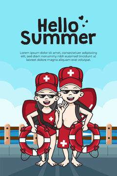 Poster happy summer with cute cartoon character of couple lifebuoy
