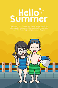 Poster happy summer with cute cartoon character of couple