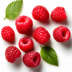 a group of raspberries and leaves