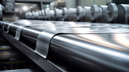 A rolling mill press machine produces a sheet of metal from a block of aluminum. Heavy metal rolling equipment. Selective focus