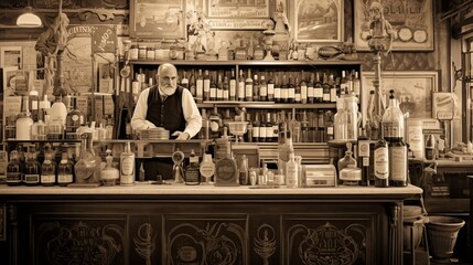 Old-fashioned bartender standing behind a bar filled with antique bottles and memorabilia.
