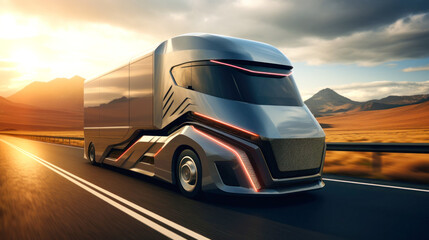 Futuristic semi-trailer on the highway, highway. sunrise or sunset. The electric truck carries out international cargo transportation. Deserted highway with a truck.