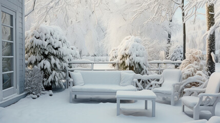 Outdoor furniture is covered with snow in a winter. Winter patio and garden during snowfall.
