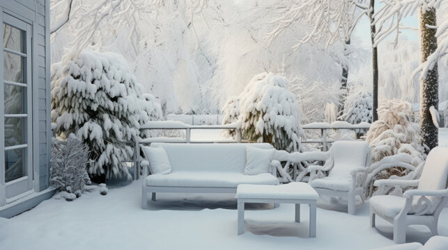 Outdoor furniture is covered with snow in a winter. Winter patio and garden during snowfall.
