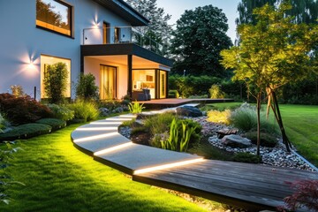 Modern house exterior at night with illuminated garden pathway and landscaping - 710682277