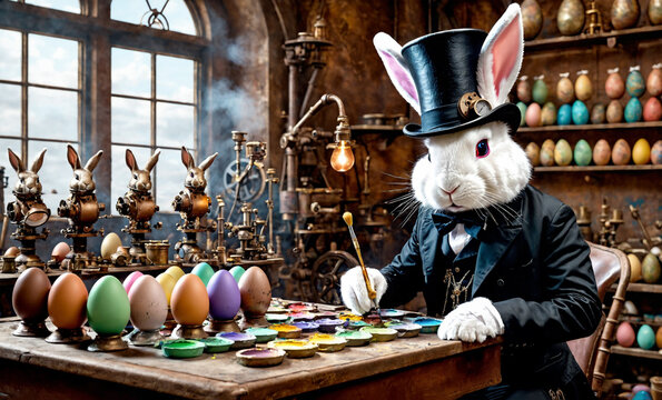 Easter artist bunny painting colorful easter eggs in his workshop