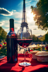 a bottle of wine and a glass of wine on a table with a tower in the background - obrazy, fototapety, plakaty