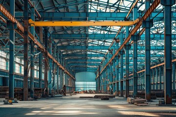 Construction site of a steel structure building at sunset - obrazy, fototapety, plakaty